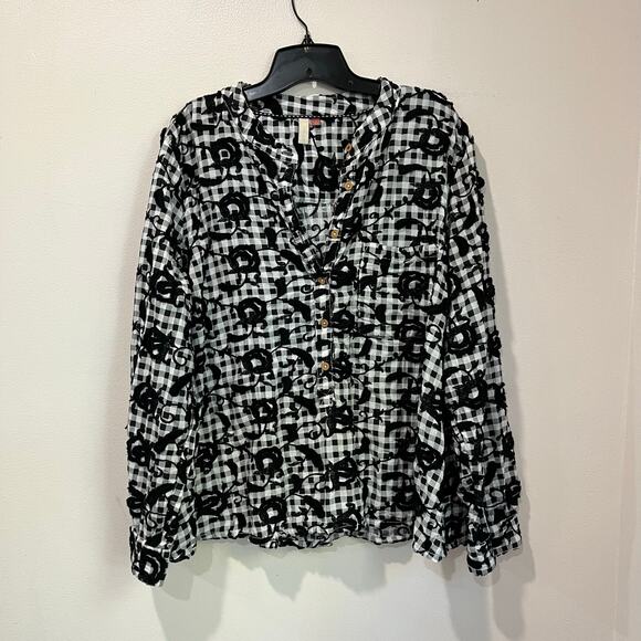 Pilcro Anthropologie Black White Embroidered Gingham Blouse Size L Boho Chic - Picture 2 of 10